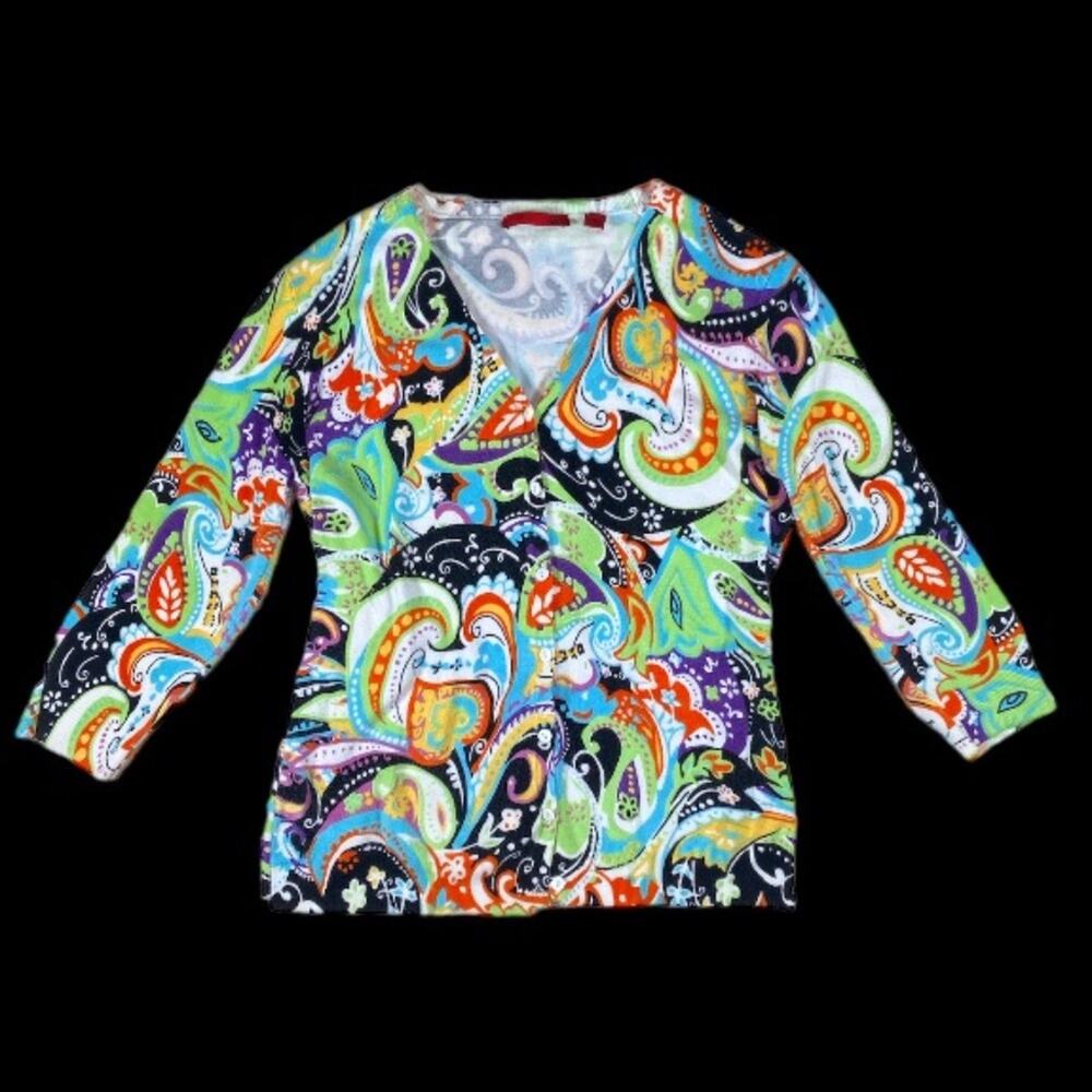 Red Long Sleeve Top with Colorful Floral Print | Size L